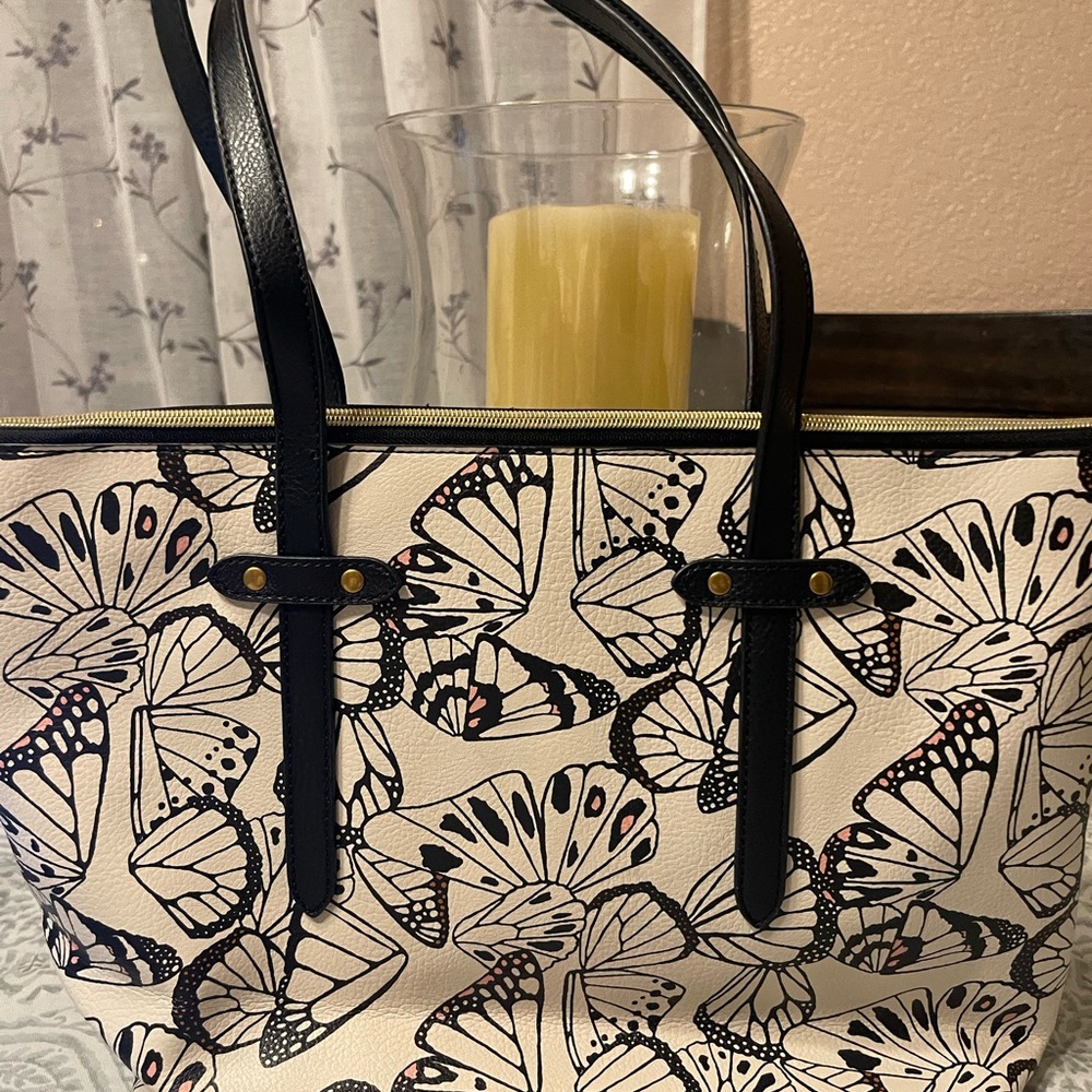 Fossil Black and White Butterfly Tote, wallet and coin purse set.